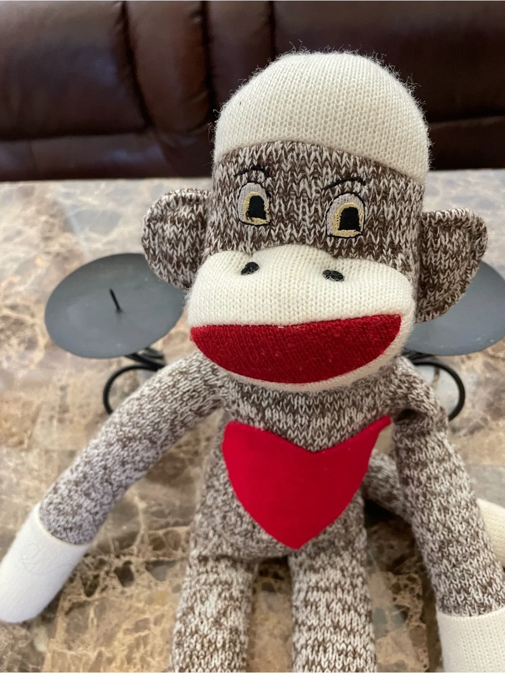 Handmade Brown Knit Sock Monkey Plush with Red Heart